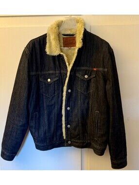 Lucky Brand blue TRUCKER denim jacket with white faux fur lining - Size L